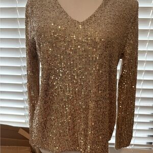 Sequin V-Neck Sweater - Gold